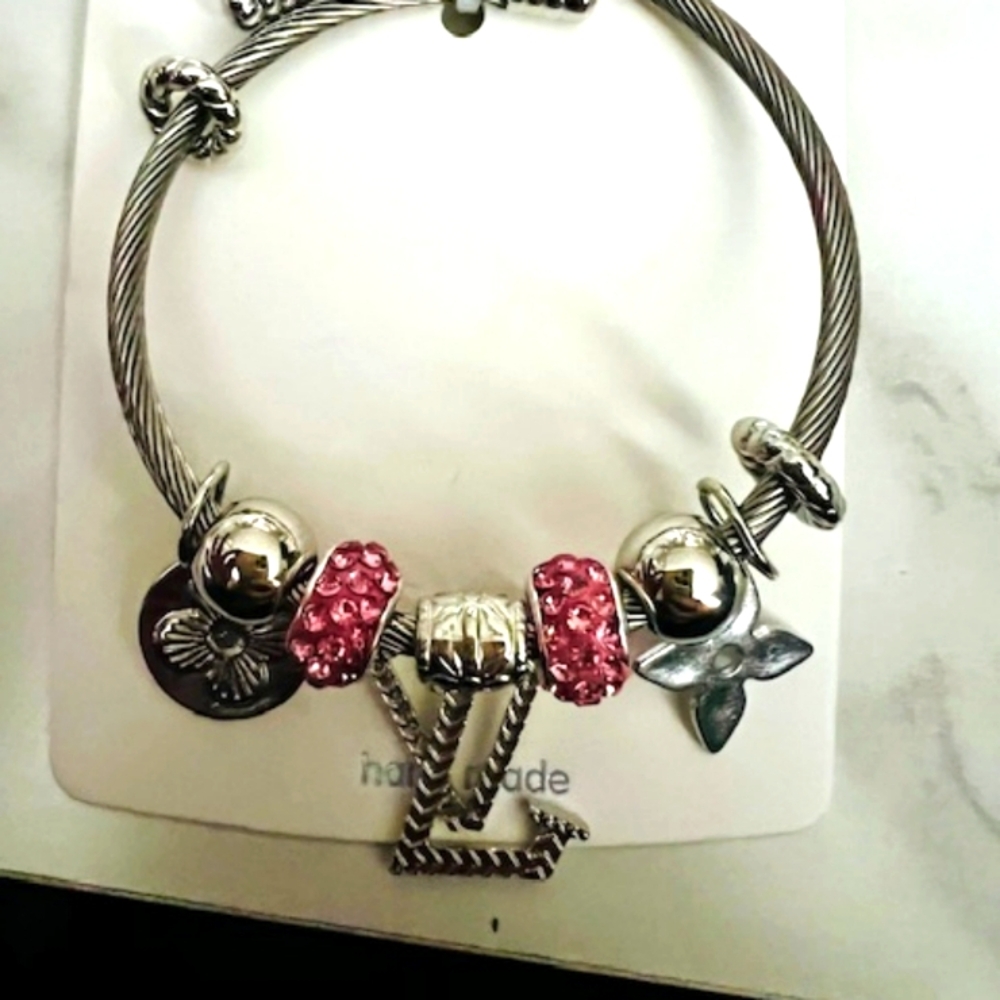Elegant Stainless Steel and Pink Charm LV  Bracelet